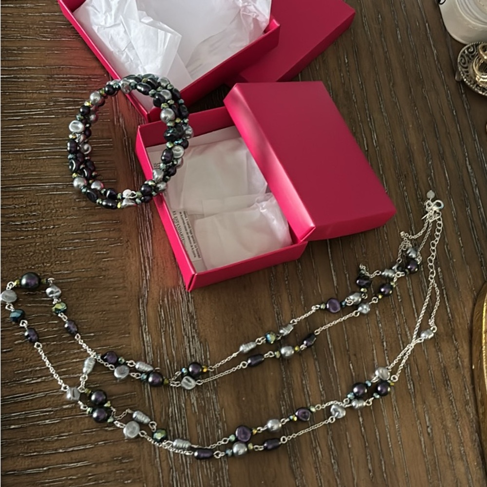 Avon Black and Silver Multi-Strand Beaded Bracelet and Necklace Set